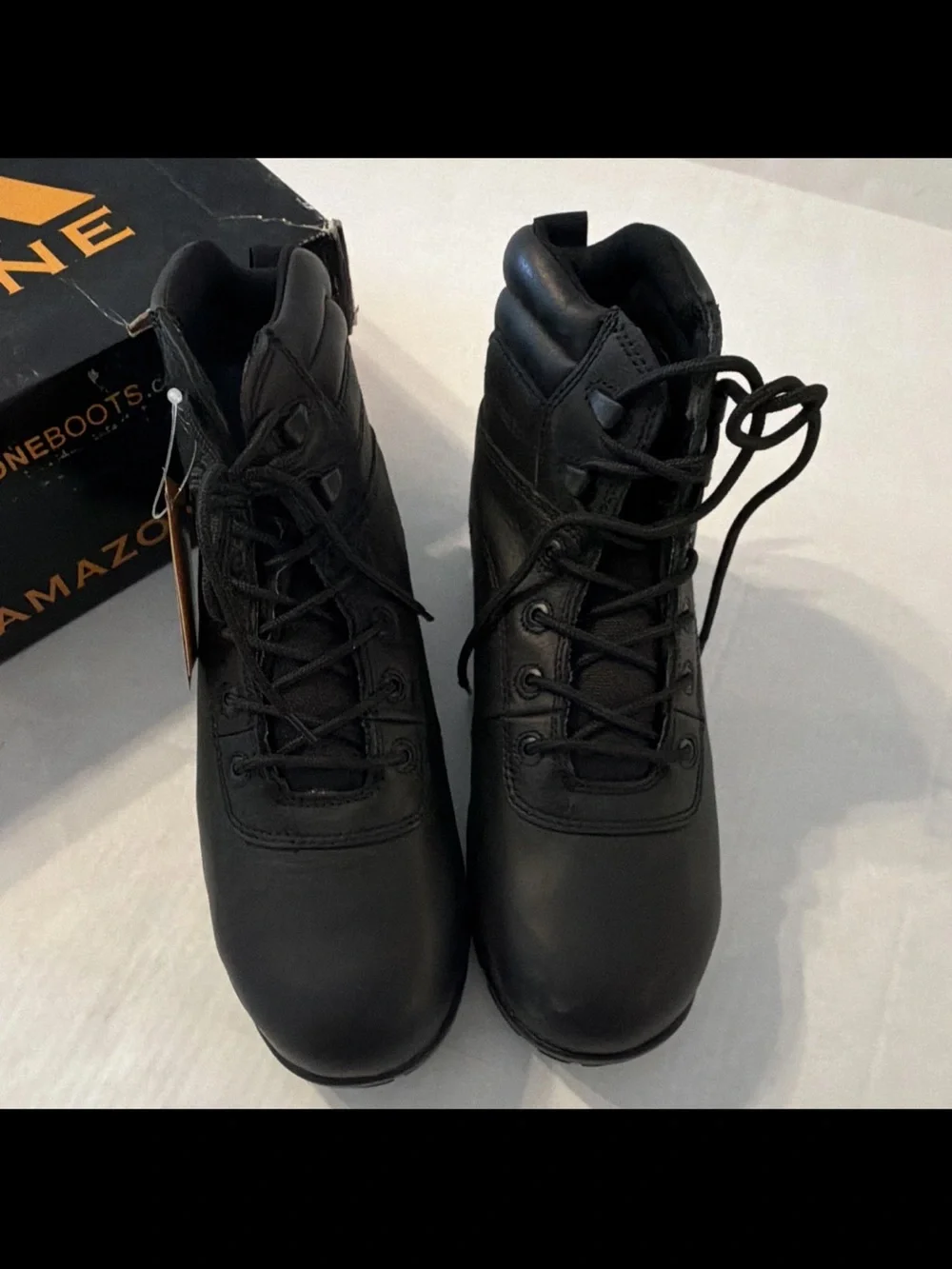 Amazone Men’s US 8.5 Black Leather Work Boot Wide Lace-Up Slip Resistant